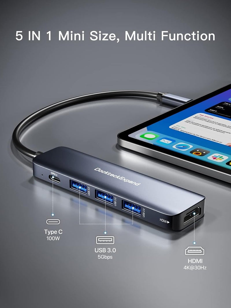 DockteckExpand USB C HUB, USB-C Multiport Adapter 5 in 1 with 4K HDMI, 100W Power Delivery, 3 USB 3.0 Data Ports for MacBook Pro/Air, iPad Pro/Air/Mini 6 and More - Image 2